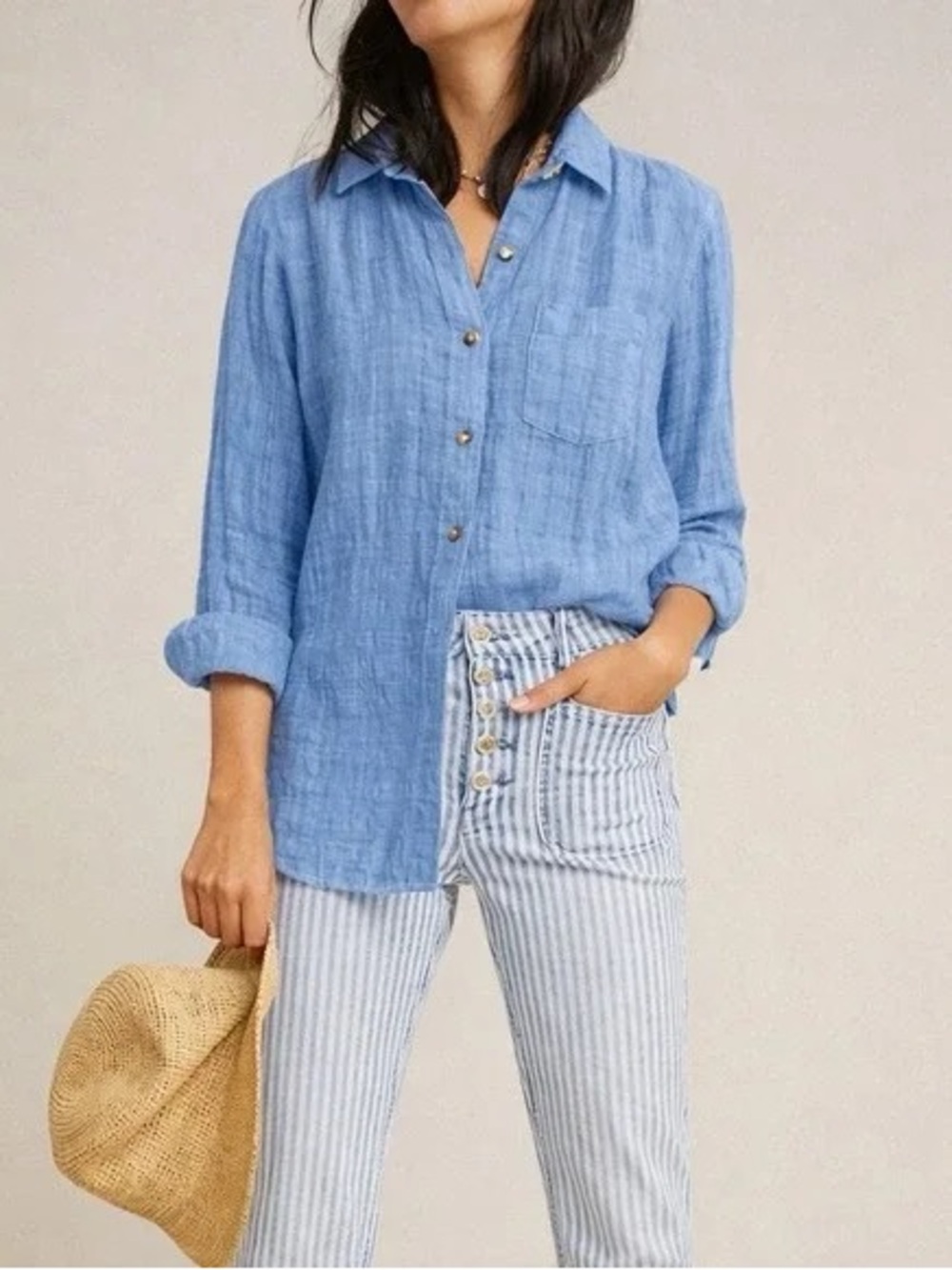 Anthropologie Pilcro‎ Letterpress Linen Cotton Button Front Shirt Blue Coastal 8